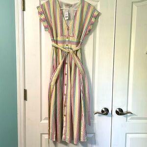 NWT Multi-stripe seersucker Loft midi length dress, Size 2